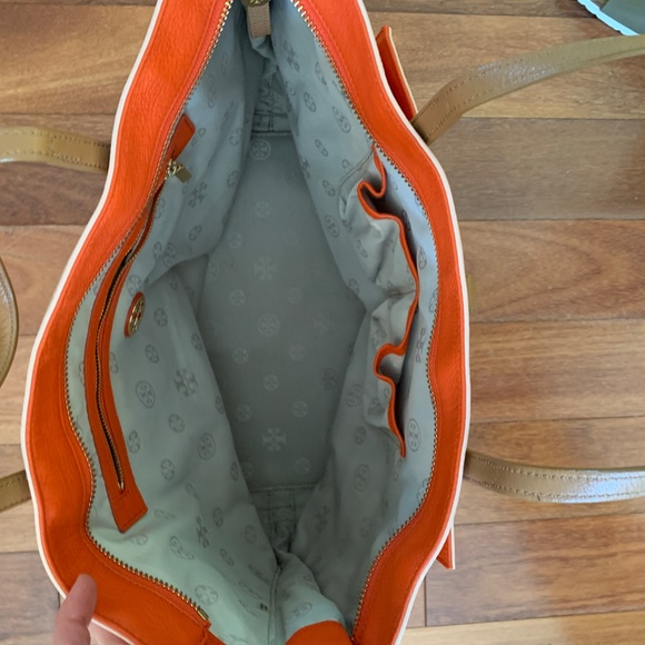 Tory Burch Pink Tan Orange Zip Leather Shoulder Work Tote Bag - Picture 7 of 9